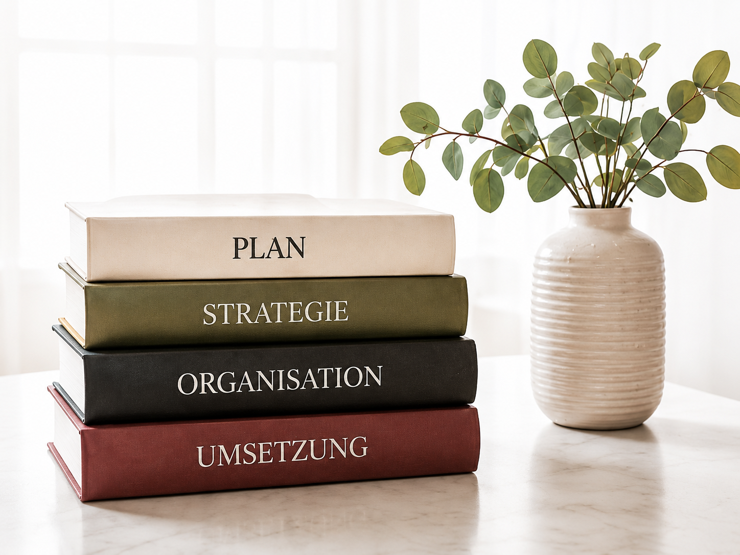 Bücher mit den Aufschriften Plan, Strategie, Organisation und Umsetzung neben einer Pflanze